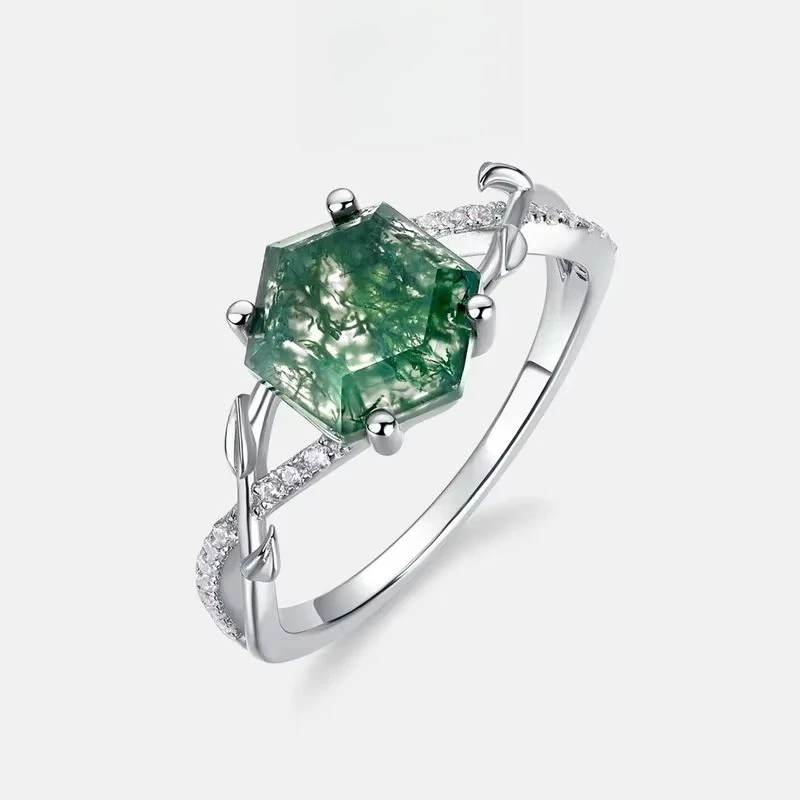 

Geometric Natural Agate Women's Ring S925 Silver Plated 18K Gold PT950 Platinum Green Moss Stone Ring