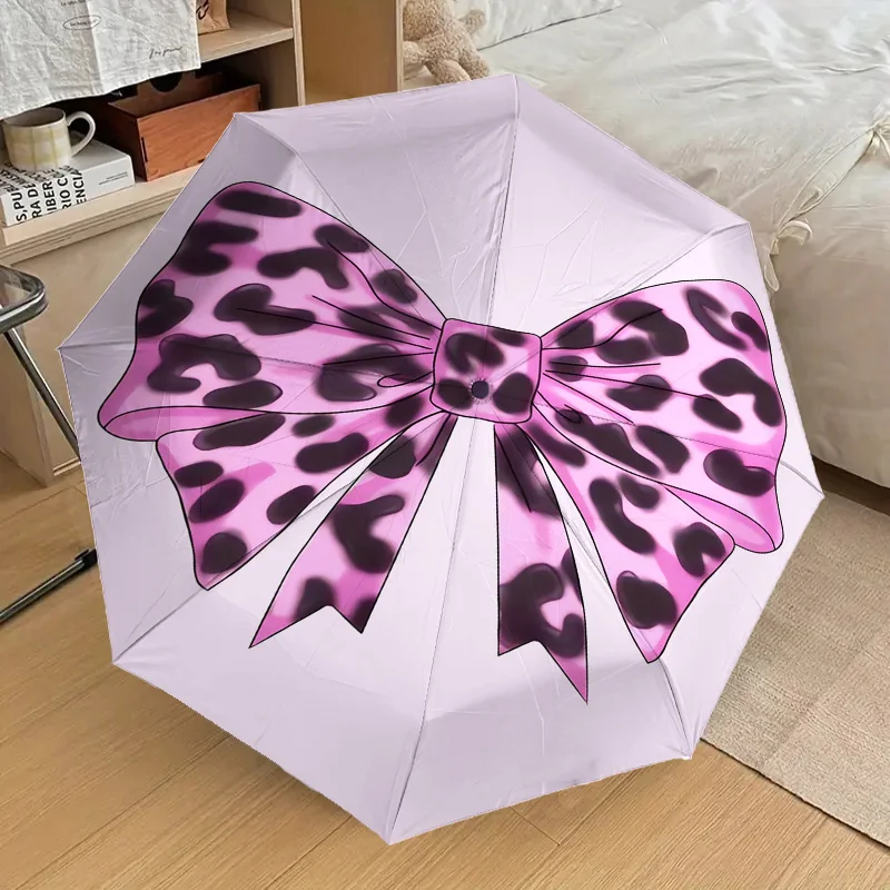 

Складной зонт с леопардовым принтом и бантом, модный складной зонт с автоматическим открытием, 8, железные ребра, пластиковая ручка, складной солнцезащитный козырек, идеальные рождественские подарки