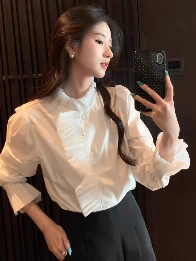 Herbst Weiß Stehkragen Pendler Hemd frauen Spitze Essbare Baum Pilz Bluse High-end-Top Damen Winter innere Shirts Neue