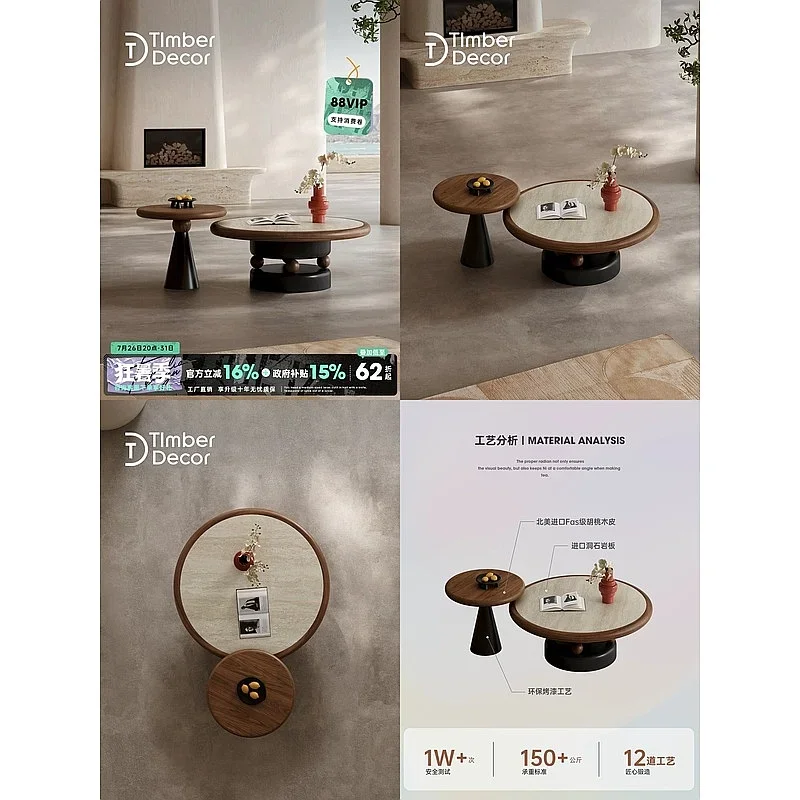 Vc 2026 New Travertine Slate Round Coffee Table Set For Small Living Room, Vintage Style Home Furniture