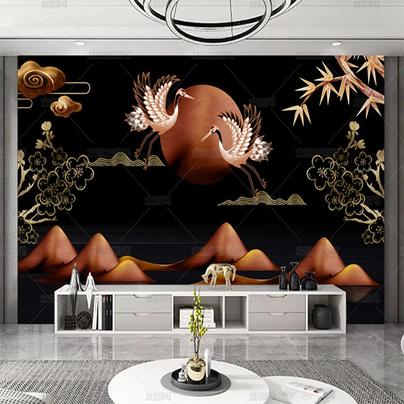 custom 3d Modern light luxury relief gold lines flowers Fairy crane national tide wallpaper TV living room background wall mural
