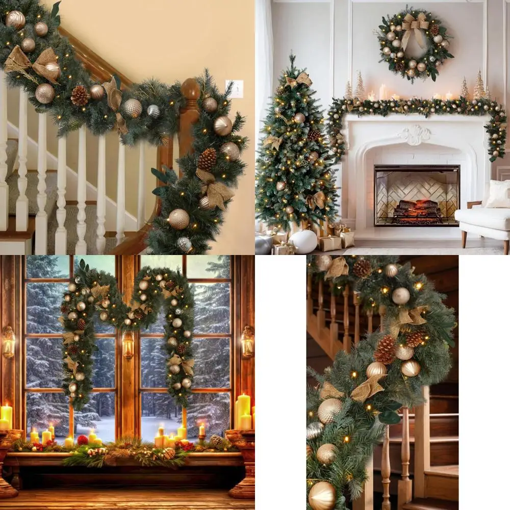 

9ft Pre Lit Garland Christmas Gold Christmas Garland with Lights, Prelit Christmas Garland with Gold for Table Fireplace Stairs