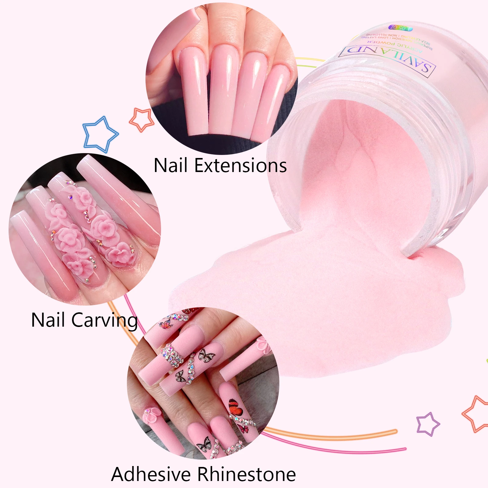 Saviland Pink Acrylic Powder 30g Professional Nail Art Extension Powder for 3D Carving French Manicure No Lamp Needed