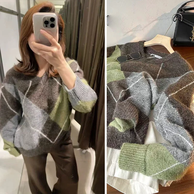 2026 Frühling Herbst Damen Mode Argyle-Muster Pullover O-Ausschnitt Lässige Schicke Oberteile Eleganter Langarm-Pullover für Frauen