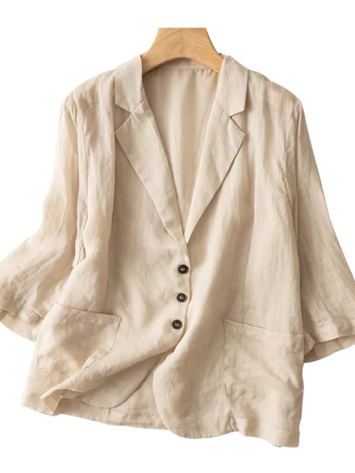 

Women's Loose Fit Cotton Linen Suit Jaet Thin Seven-Quarter Sve Slimming Summer New Sle Versatile Sle Single Button