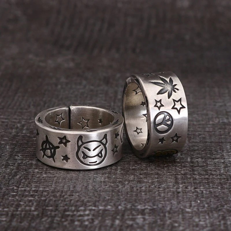 Bagues rétro en argent pour hommes et femmes, bijoux de documents, bague à motif de démon étoile en polaire mignonne, cadeaux de carillon réglables
