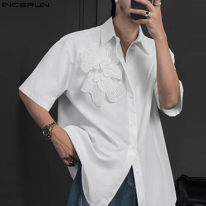 

Handsome Well Fitting Tops INCERUN 2024 New Mens Jacquard Pattern Solid Shirts Personality Streetwear Short Sleeved Blouse S-5XL