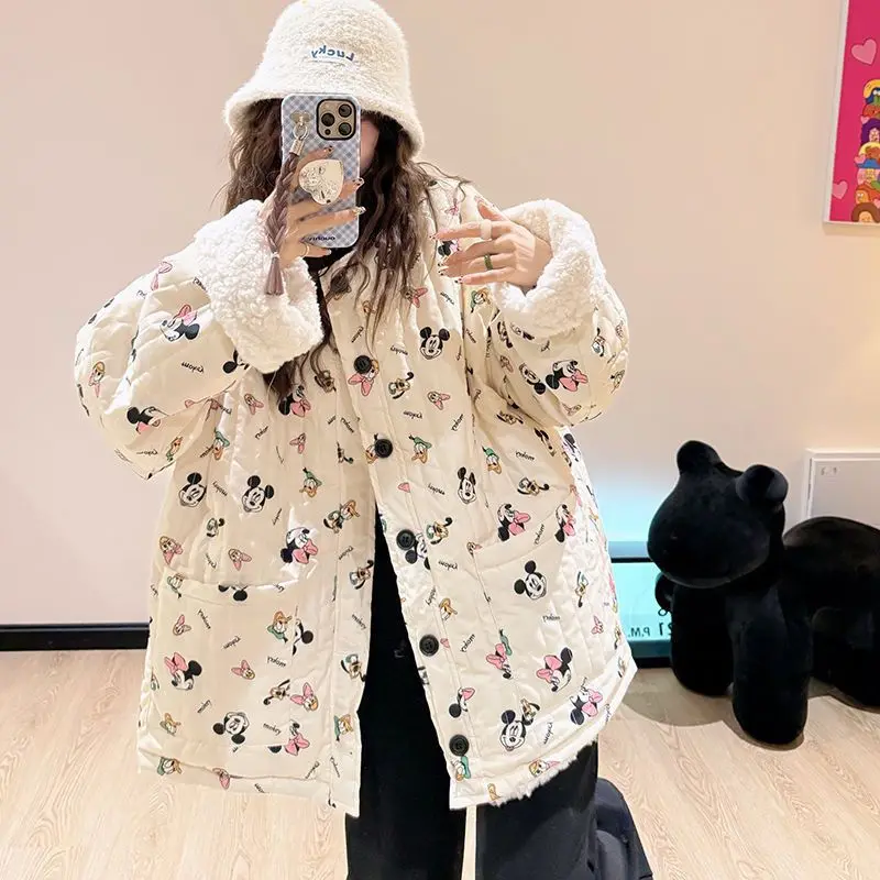 2024 Winter New Reversible Lamb Velvet Jacket Mickey Minnie Floral Printed Kawaii Warm Women Loose Thick Plush Cotton Coat Gifts