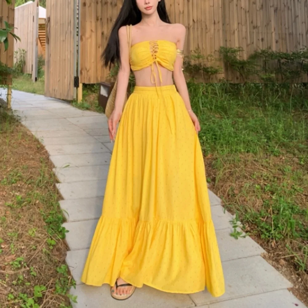 Chic Two-piece Sets Hollow Out Bandage Strapless Fashion Camis and High Waist Pleated Skirt Women Casual Beach Vacation Clothing