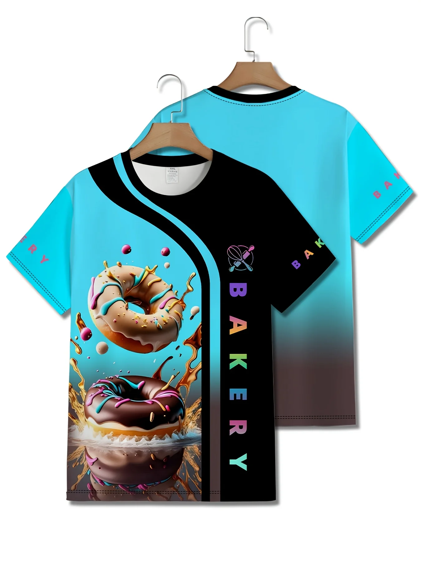2026 3D Donut Bakery Chef T‑Shirt Cyan‑Black Splicing Short‑sleeve Pastry Shop Baker Staff Uniform Casual Work Tee Tops