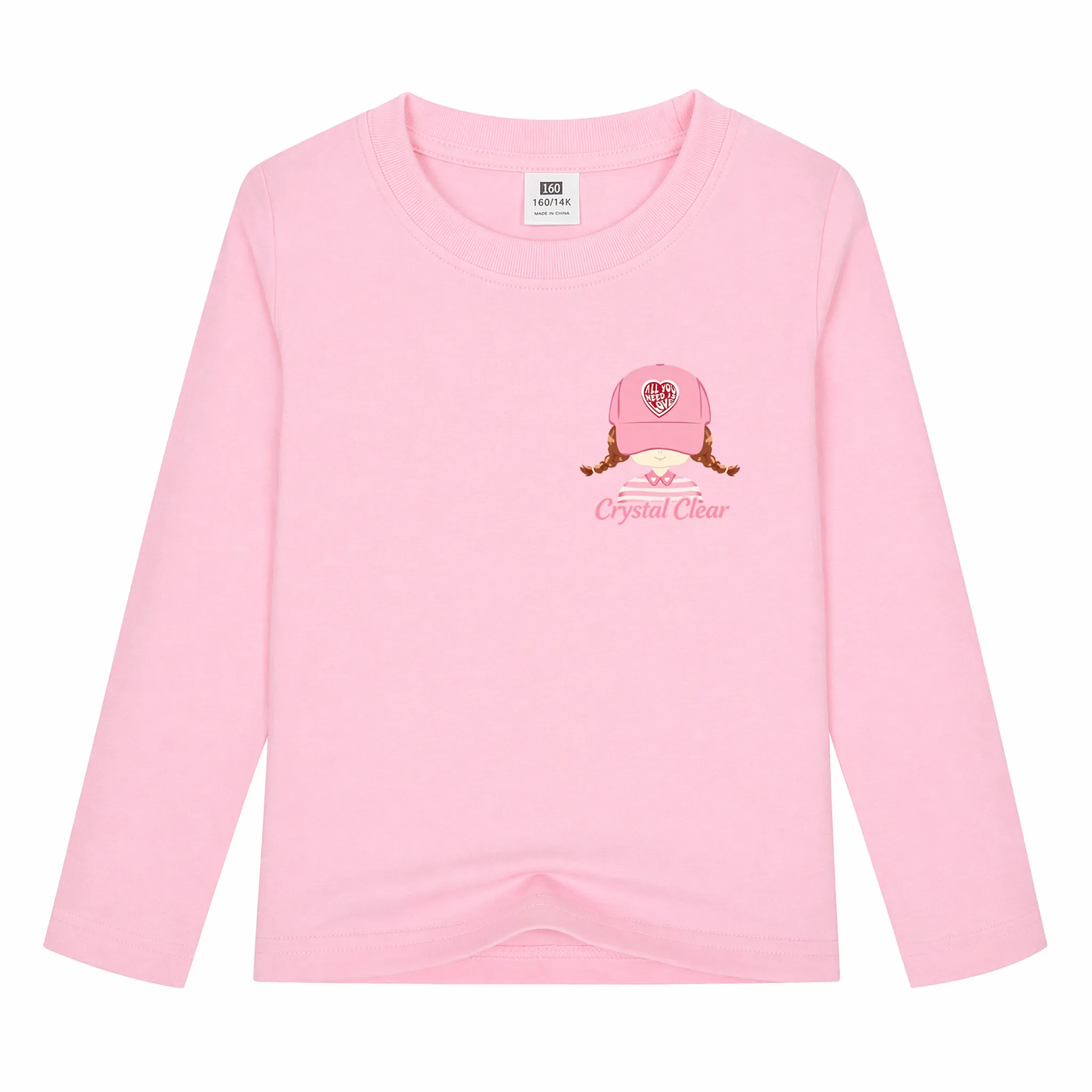 3‑14Y Girls Soft Cotton Long‑Sleeve Basic Tee Cute Small Chest Cartoon Graphic Print Crew Neck Spring Autumn Cute Daily T‑Shirt