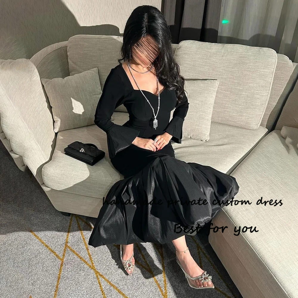 

Black Mermaid Evening Dresses Long Sleeve Square Neck Formal Occasion Dress Arabic Dubai Prom Party Gown Ankle Length