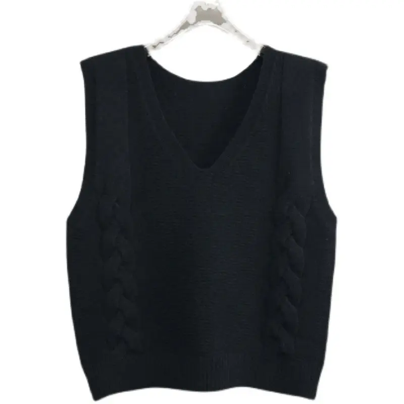 Spring and Autumn Knitted Vest Women's Loose V-Neck Solid Short Sleeveless Kam Shoulder Versatile Sweater Tank Top