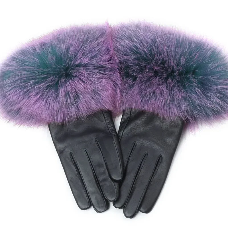 100% Real Leather Women's Big Fox Fur Gloves Fall Winter Plus Velvet Female Fashion Plus Velvet Warm Sheepskin Outdoor Gloves