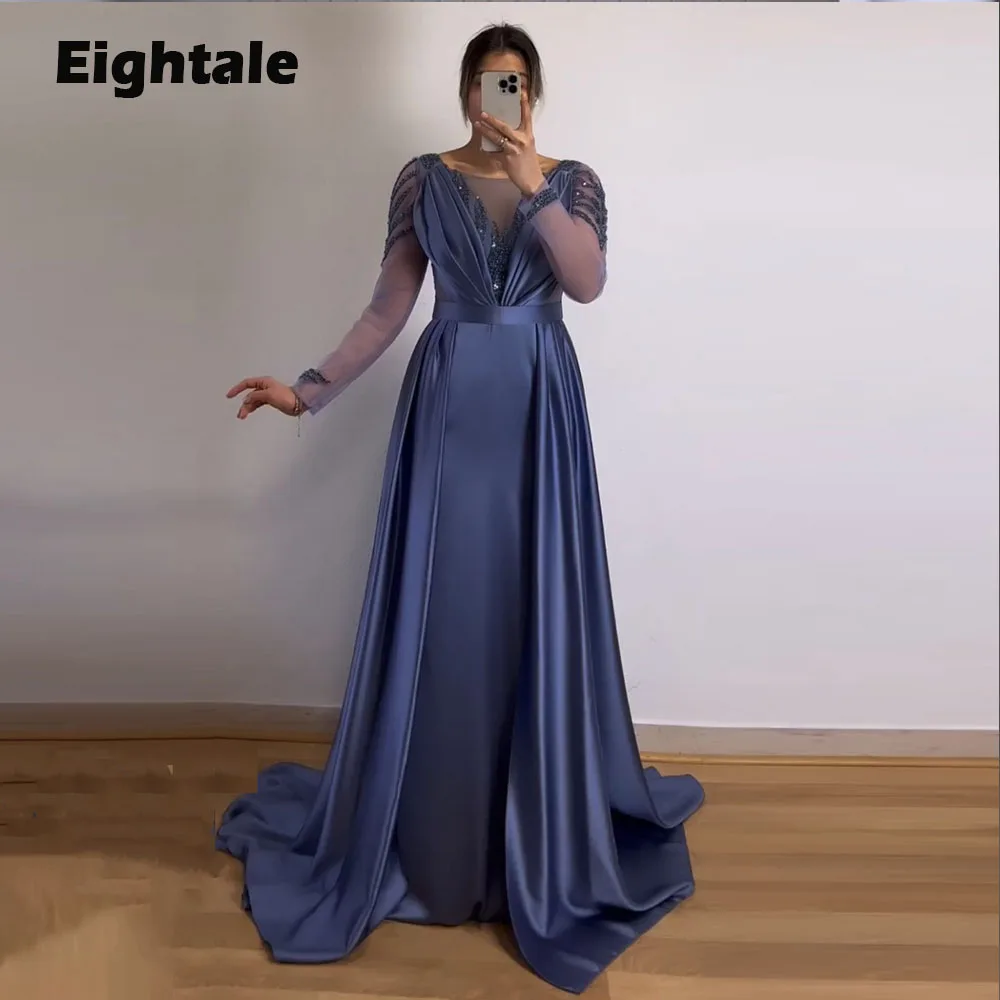 Eightale Blue Evening Dress for Wedding Party Beaded O-Neck Customized Long Sleeves Mermaid Prom Gowns