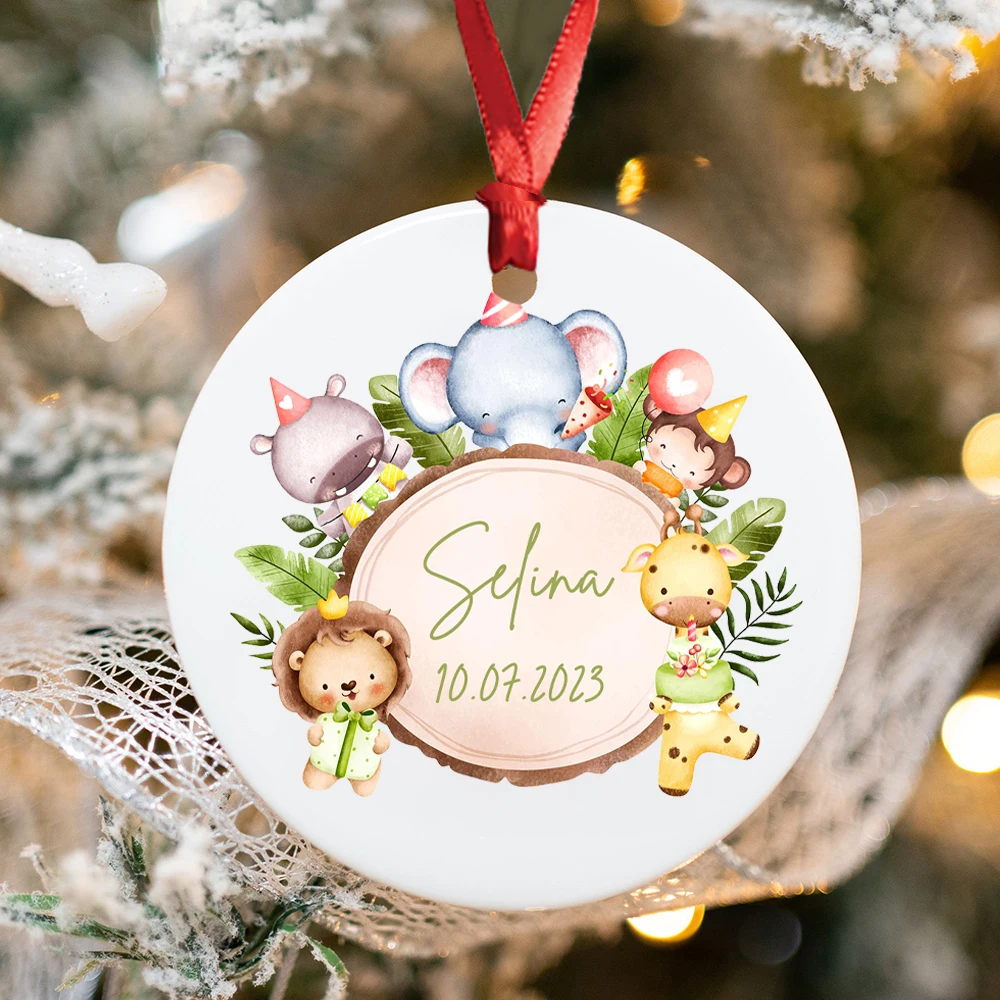 Personalized Baby Ornament Custom Safari Animals Wreath Photo Prop Newbron Photography Accessories Infant Birth Ceramic Ornament