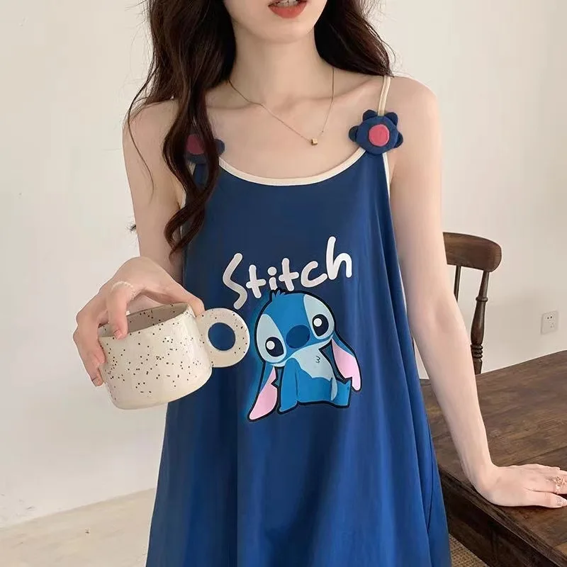 New Summer Sleep Dress Women Adorable Cartoon Loose Mid-Length With Chest Pad Non-Removable Sleep Dress