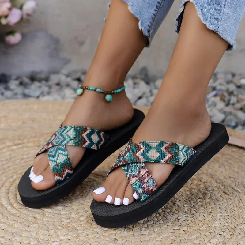 Women Print Flats Slippers Shoes 2024 Summer Open Toe Sandals Female Fashion Slingback Flip Flops Shoes Brand Mujer Beach Slides