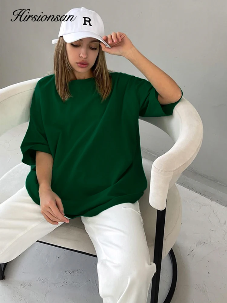 Hirsionsan-トレンディな女性用コットンTシャツ,ラウンドネックの柔らかく半袖Tシャツ,シンプルな女性用トップス100%