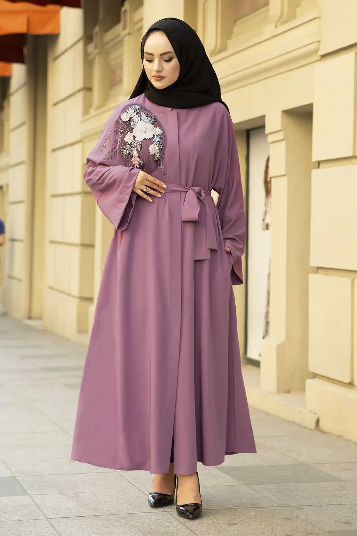 

Nakışlı Stone Detail Abaya Dress ASH-Dirty Pink Winter Autumn 2021 Muslim Women Hijab headscarf Islamic Turkey