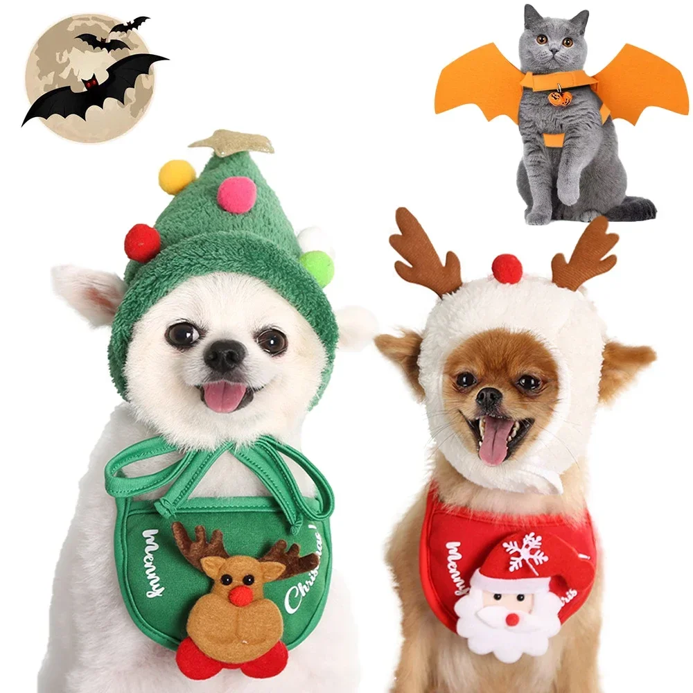 Christmas Small Pets Clothes Hat Scarf Bat Wings Cloak Bib Funny Cat Dog Cosplay Costume for Xmas Party Kitten Puppy Costumes