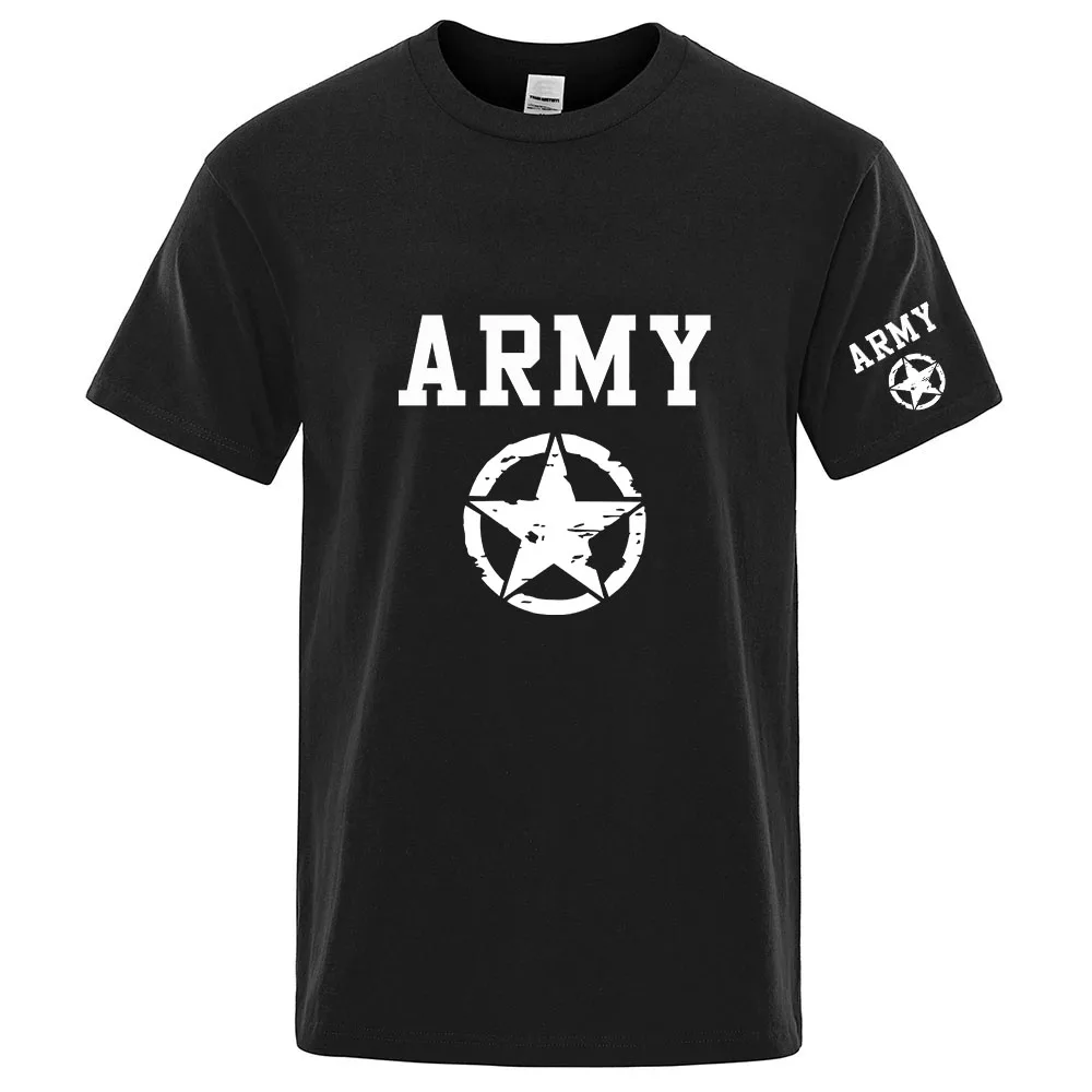 ARMY And Five Pointed Star T-Shirt Casual Men's Short Sleeve Shirts Street Style Daily Tops Crew Neck Male Loose Clothes