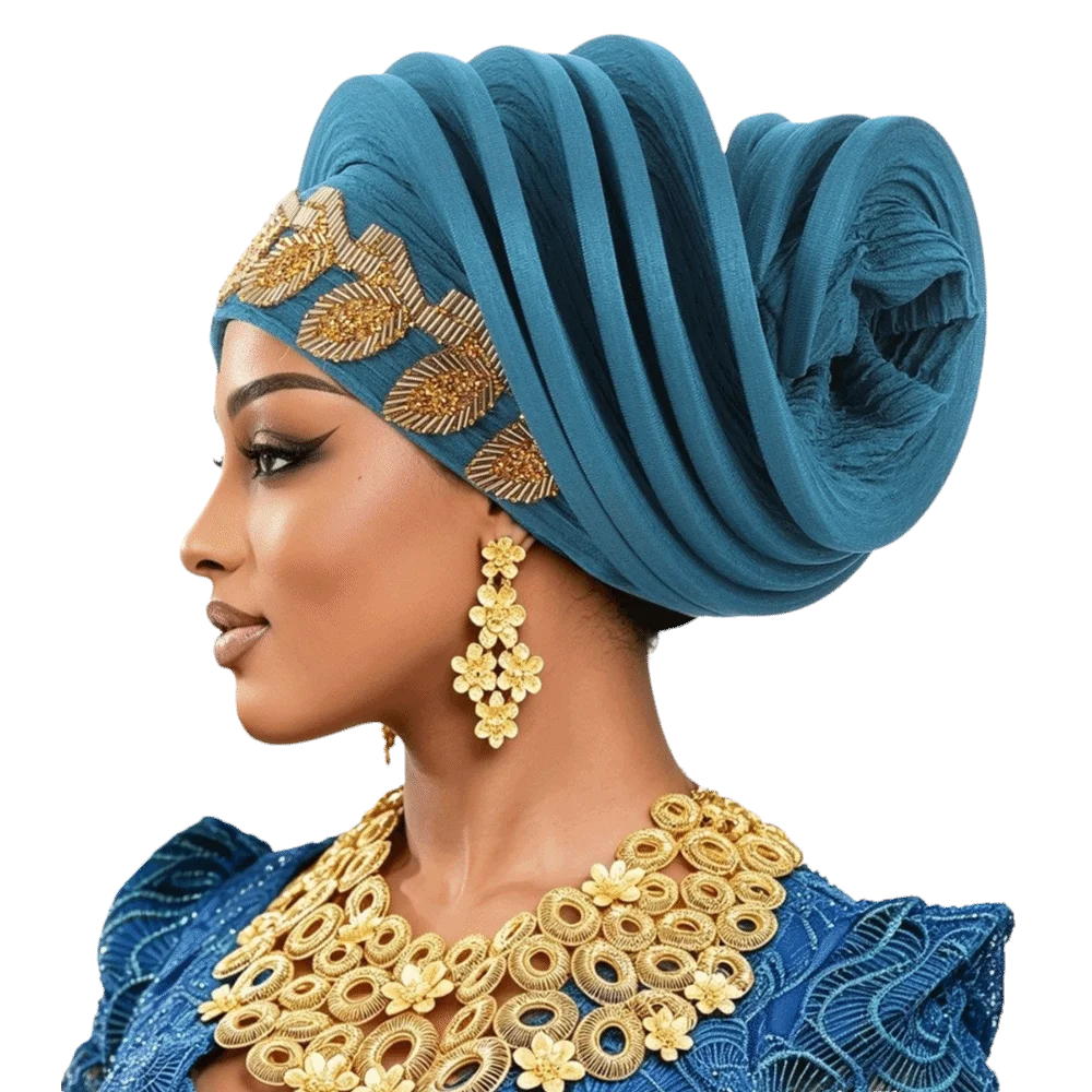 Shiny African Gele Headwrap Polyester Leaf Yoruba Turban Hat Gold Embellished Multiple Color Options Traditional Headpiece
