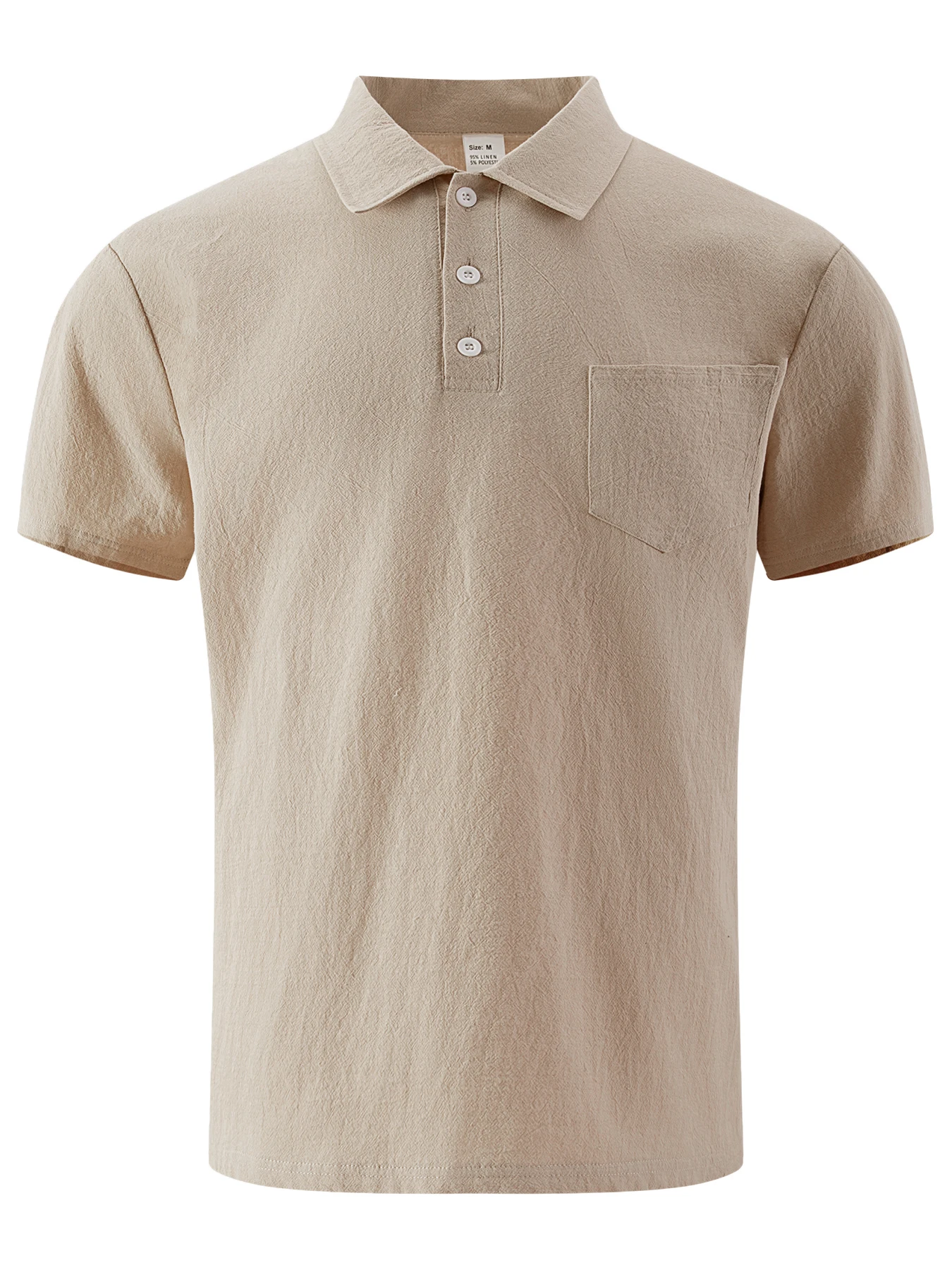 Herren-Poloshirt aus Baumwolle und Leinen, kurzärmelig, Brusttasche mit einem Knopf, Dreiknopfkragen, lässiges Hemd, atmungsaktiv, für den Sommer – Detail 9