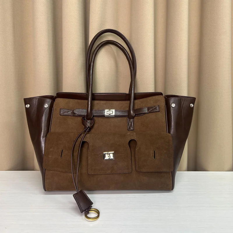 

Suede & Leather Tote Bag Multi-pocket Shoulder Bag With Metal Hardware Fashion-forward Women Handbag Belt Buckle Design Wing Bag