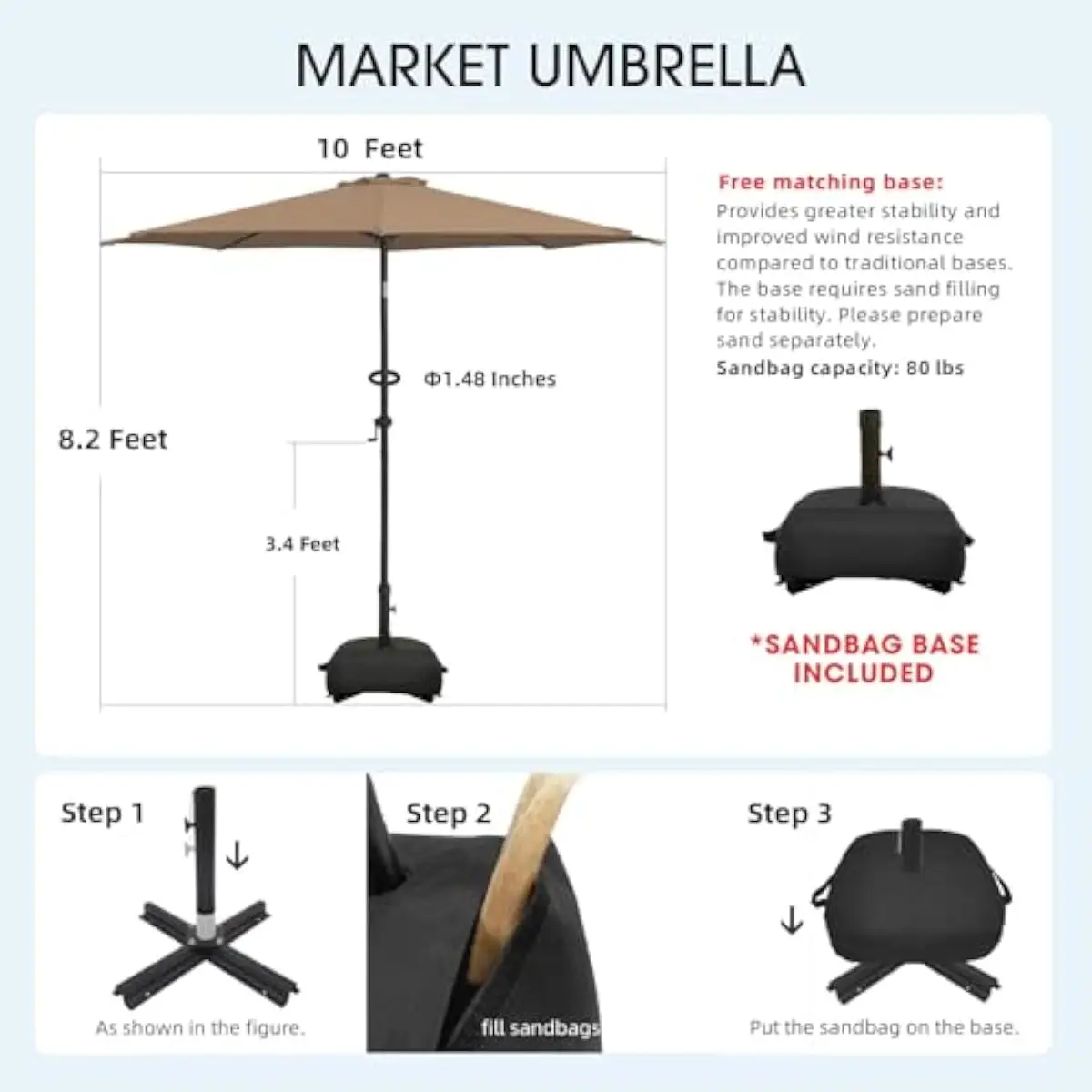 10FT Round Outdoor Umbrella with Integrated Sand Base Support up to 80 Lbs • Alloy Steel Crank Lift Frame with 8 Reinforced Ribs