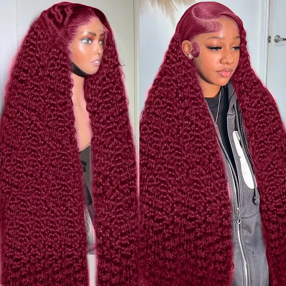 220 Density 13x4 Curly 99J Burgundy Lace Front Wig Red Wine Colored 36 40 Inch Deep Wave 13x6 HD Lace Frontal Human Hair Wigs