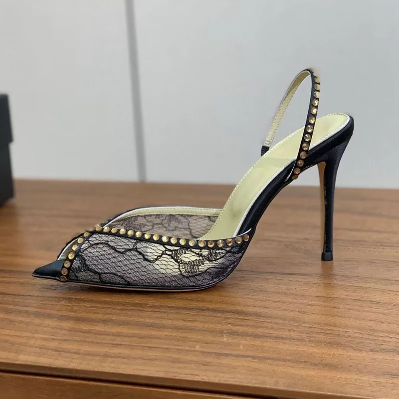 Thin High Heel Pumps Women Pointed Toe Mesh Gauze Bling Rhinestone Back Strap Slingback Sandals Ladies Party Banquet Dress Shoes