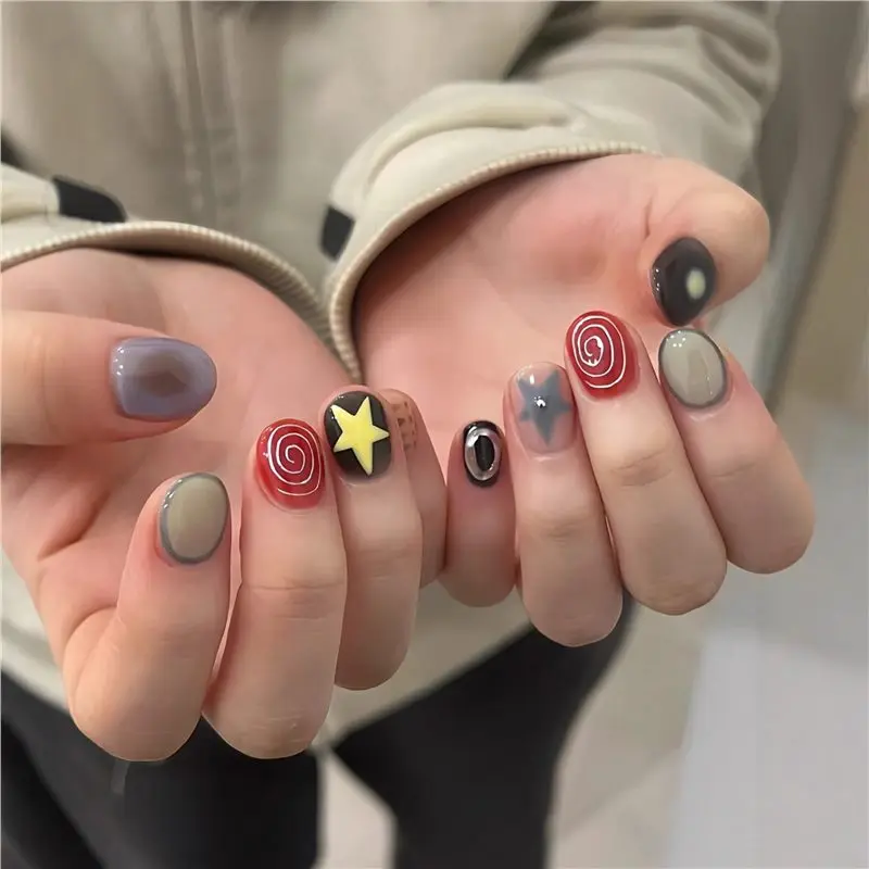 

24PCS Y2k Short Square Press on Fake Nails Cute Star Swirl Stripes French False Nails for Hot Girls Sweet Cool Wearable Manicure