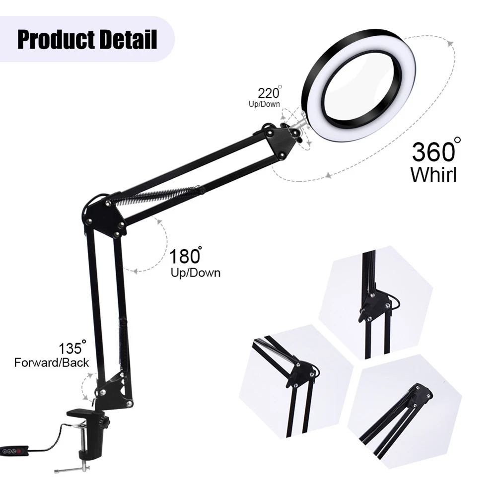 LED Folding Cantilever Bracket Eye Protection Fill Light Adjustable LED USB Desk Lamp with 5X LED Magnifying Glass(M)