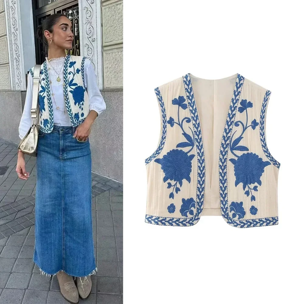 TRAF 2024 Woman Sleeveless Embroidered Vest for Women Fashion Floral Embroidered Vests Top Outerwear Female Jackets Short Coats