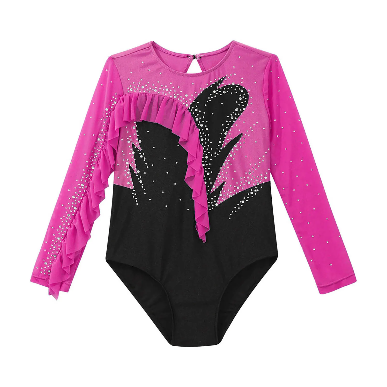 Kids Girls Ballet Dance Leotard Rhinestone Rhythmic Gymnastics Workout Bodysuit Ruffle Edge Hollow Back Figure Skating Dancewear