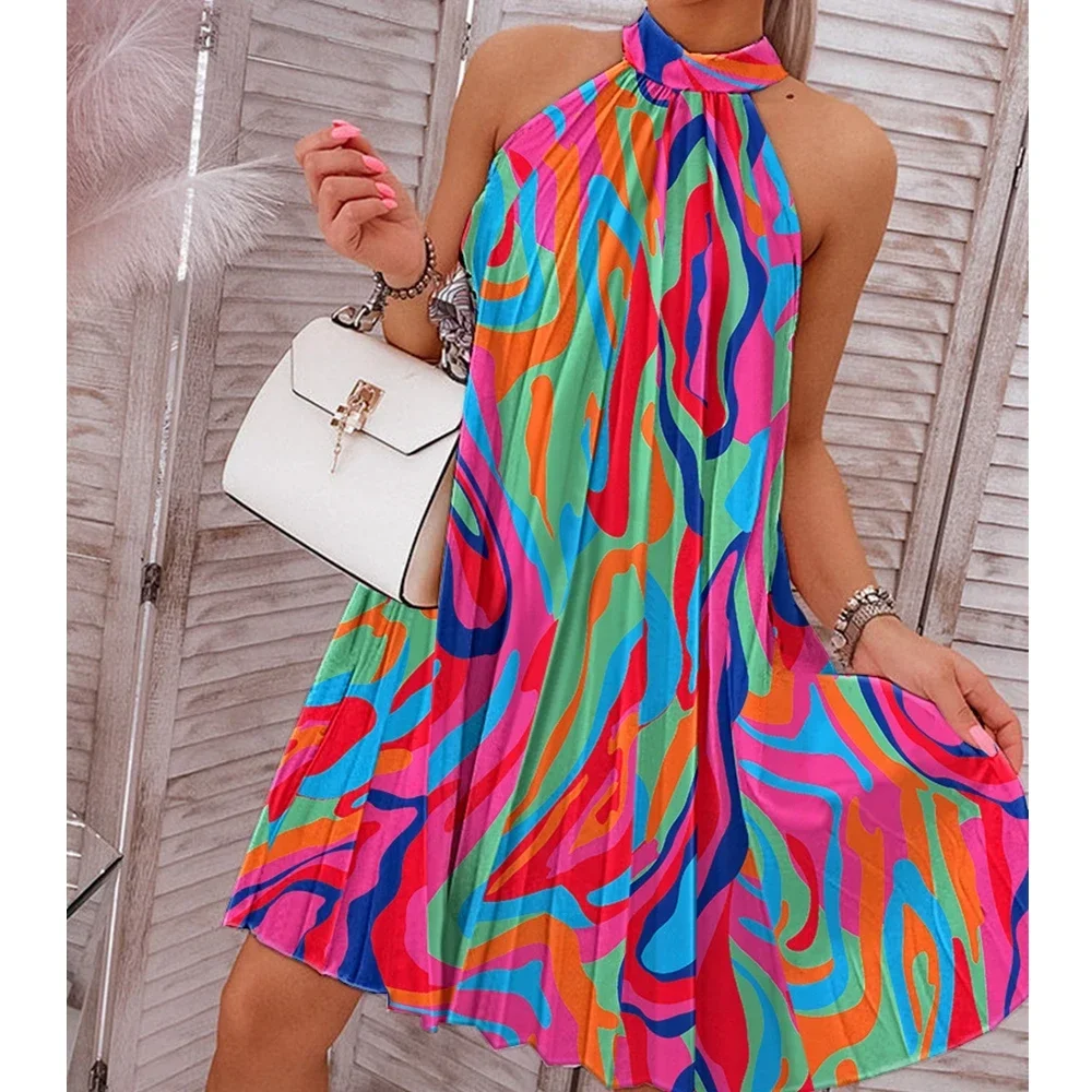 

Pleated Dress Women Sleeveless Backless Loose Summer Beach Dress Floral Mini Halter Fashion Casual Clubparty Dress