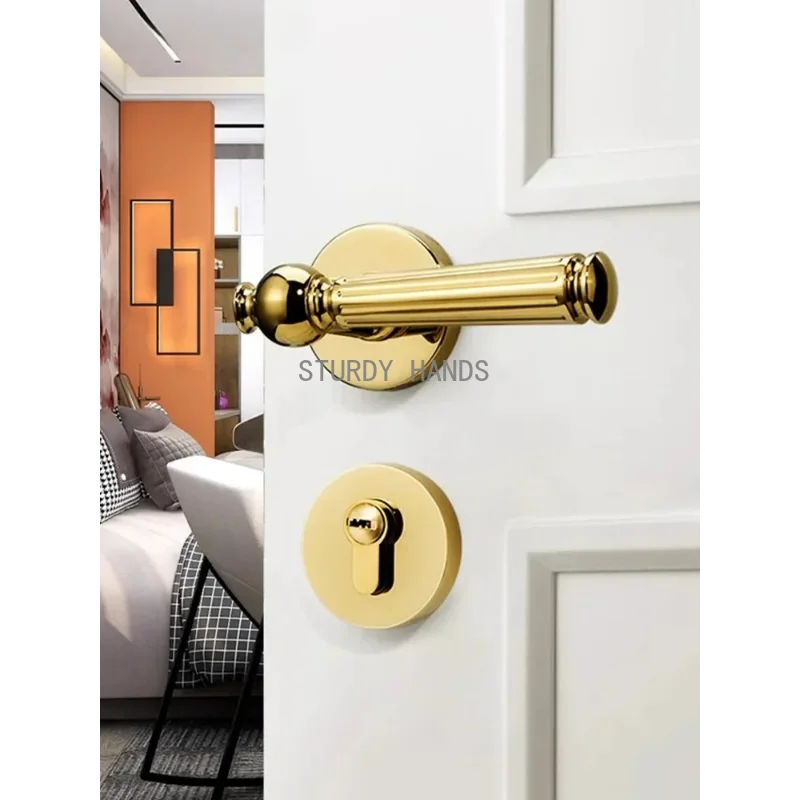 1 Juego de cerradura de puerta antirrobo de tipo dividido de lujo silenciosa de aleación de zinc dorado, cerradura de manija de doble cara para interior de dormitorio