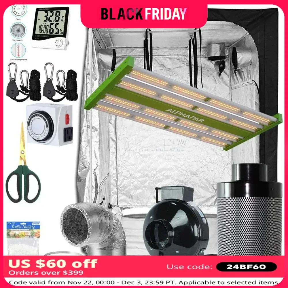 LED 200W Grow Light Fixture Kit + 60''x60''x80'' Mylar Grow Tent 6'' Fan Filter Duct Combo Indoor Grow Tent Complete Kit System