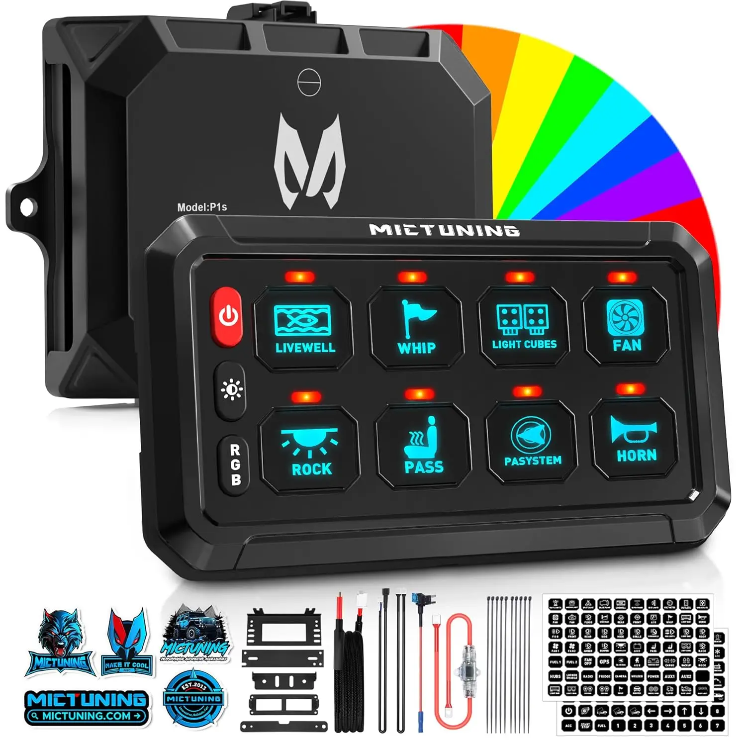 

MICTUNING RGB 5Inch 8 Gang Switch Panel， Toggle Momentary Strobe Pulsed Switch Pod with Backlit Off for Truck RV Offroad Marine