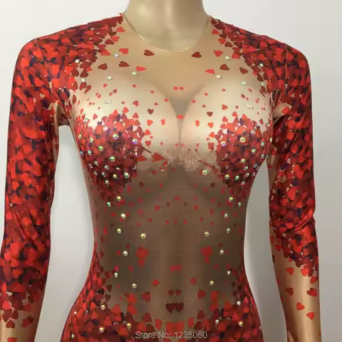 Fashion Red Heart Shape Pattern Jumpsuit Rhinestones One Piece Big Stretch Costume Women's Party Outfit Stage Singer Show Wear