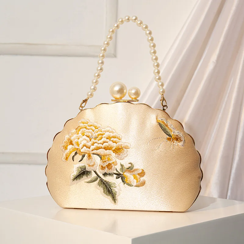 

Women's Chinese Style Embroidery Flower Print Evening Bag Pearl Beaded Chain Clutch Handbag Small Banquet Party Shoulder Bag