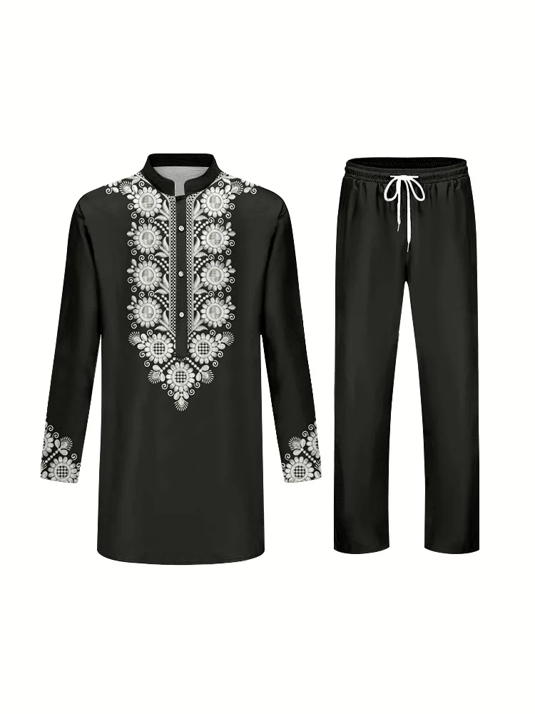 Trendy Men's Suit Long Sleeve Blouson Collar Shirt and Trousers Elegant and Noble 3D Printed Two Piece Set Muslim Style