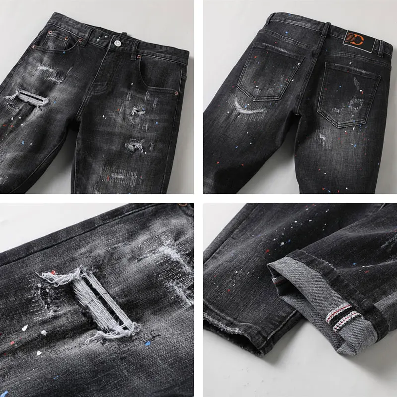 Newly Designer Fashion Men Jeans Retro Black Gray Elastic Stretch Skinny Ripped Jeans Painted Hip Hop Pants Men Vintage Trousers