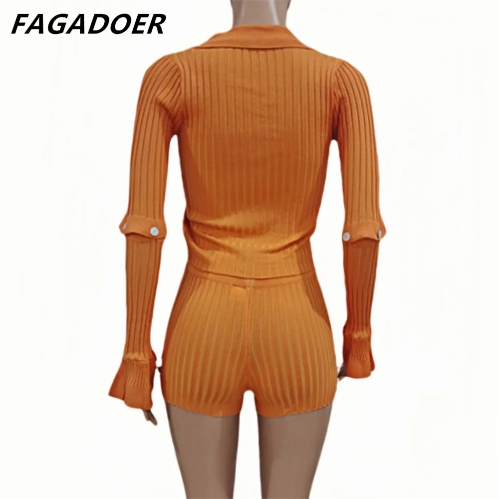 FAGADOER Casual Knitted Stripe Printing Two Piece Sets Women Button Long Sleeve Crop Top And Shorts Outfits Female 2pcs Suits