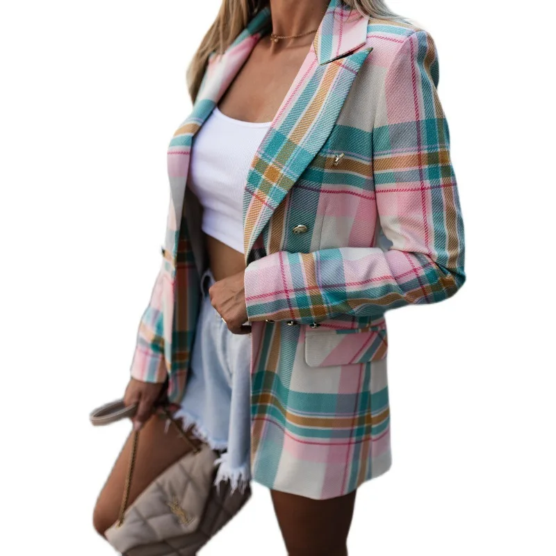 Abrigo elegante con estampado a cuadros para mujer, chaqueta de manga larga con doble botonadura y solapa, colores contrastantes, traje de viaje para otoño, novedad