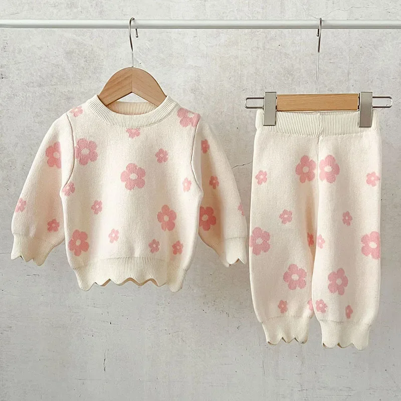 2024 New Autumn Newborn Baby Girls Knitted Clothing Set Long Sleeved Knitted Printed Pullover Shirt+Pants Children Clothes Suit