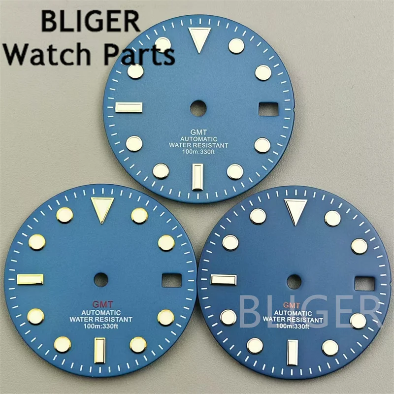 BLIGER 29mm Watch Dial Black White Blue Gray Dial Black Green Blue Red Orange GMT Mark Green Luminous Fit NH34 Movement