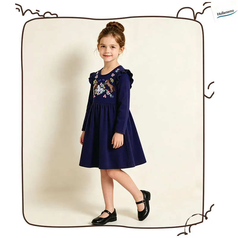 100% Cotton Girls Long Sleeve Dress Highland Cow Applique Polka Dot Button Front Kids Casual Autumn Skirt For Toddler Girls