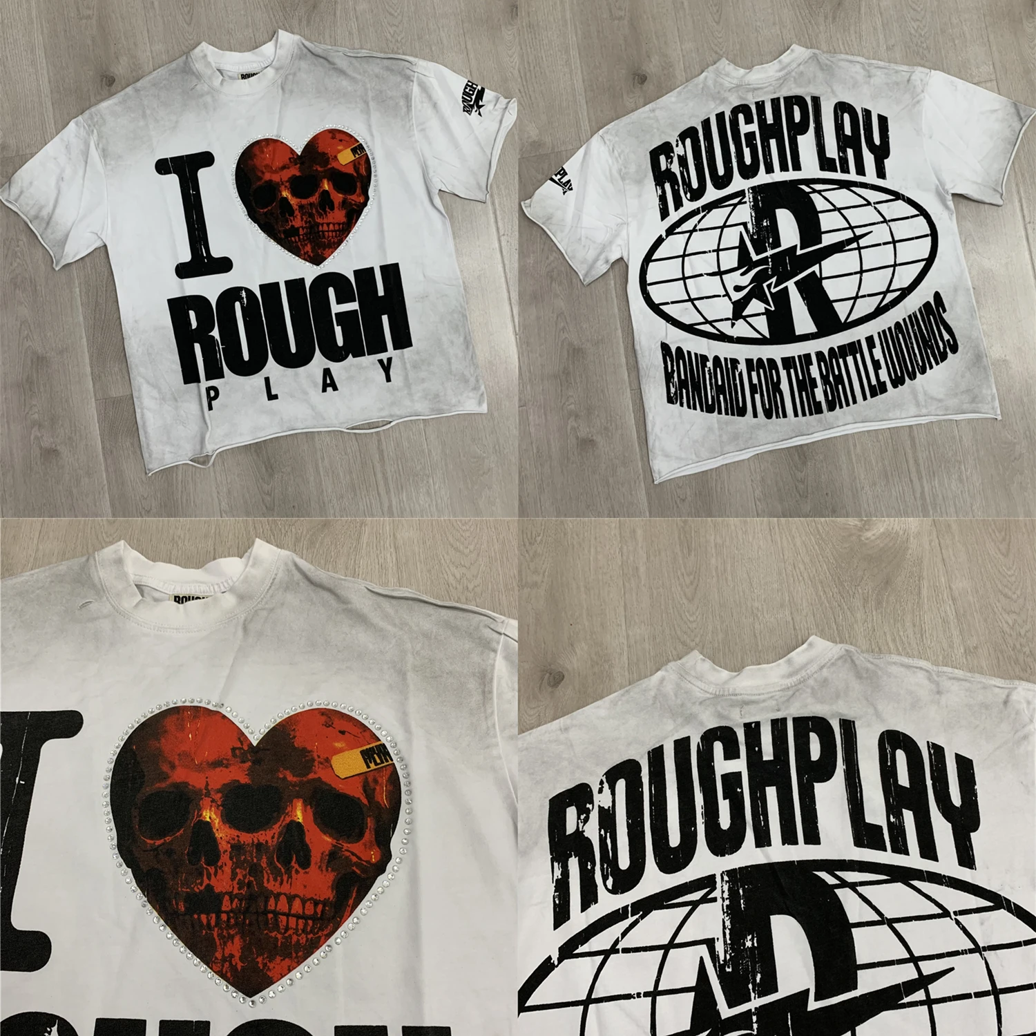 

Washed Love Heart Skull Letter Print ROUGHPLAY Short Sleeve Top Tee Men Women Best Quality ROUGH PLAY Retro Hole T-shirt